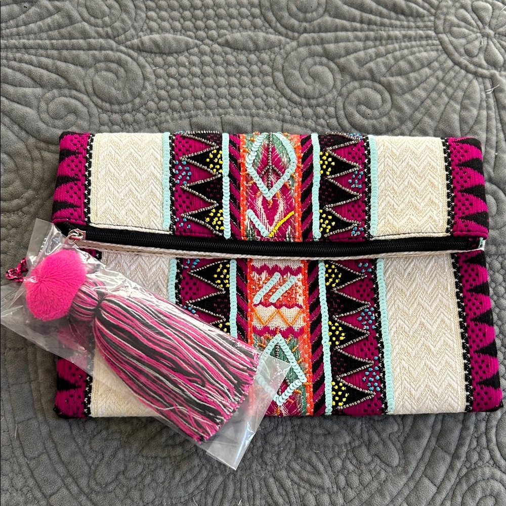 Colorful Embroidered Clutch with Tassel